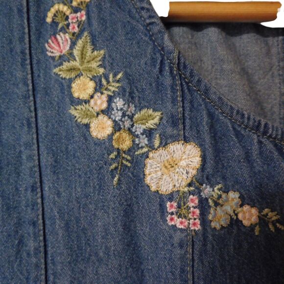 Vtg Womens Denim Long Dress Back Tie Blue Sleeveless Modest Sz Large Embroider - Picture 3 of 6